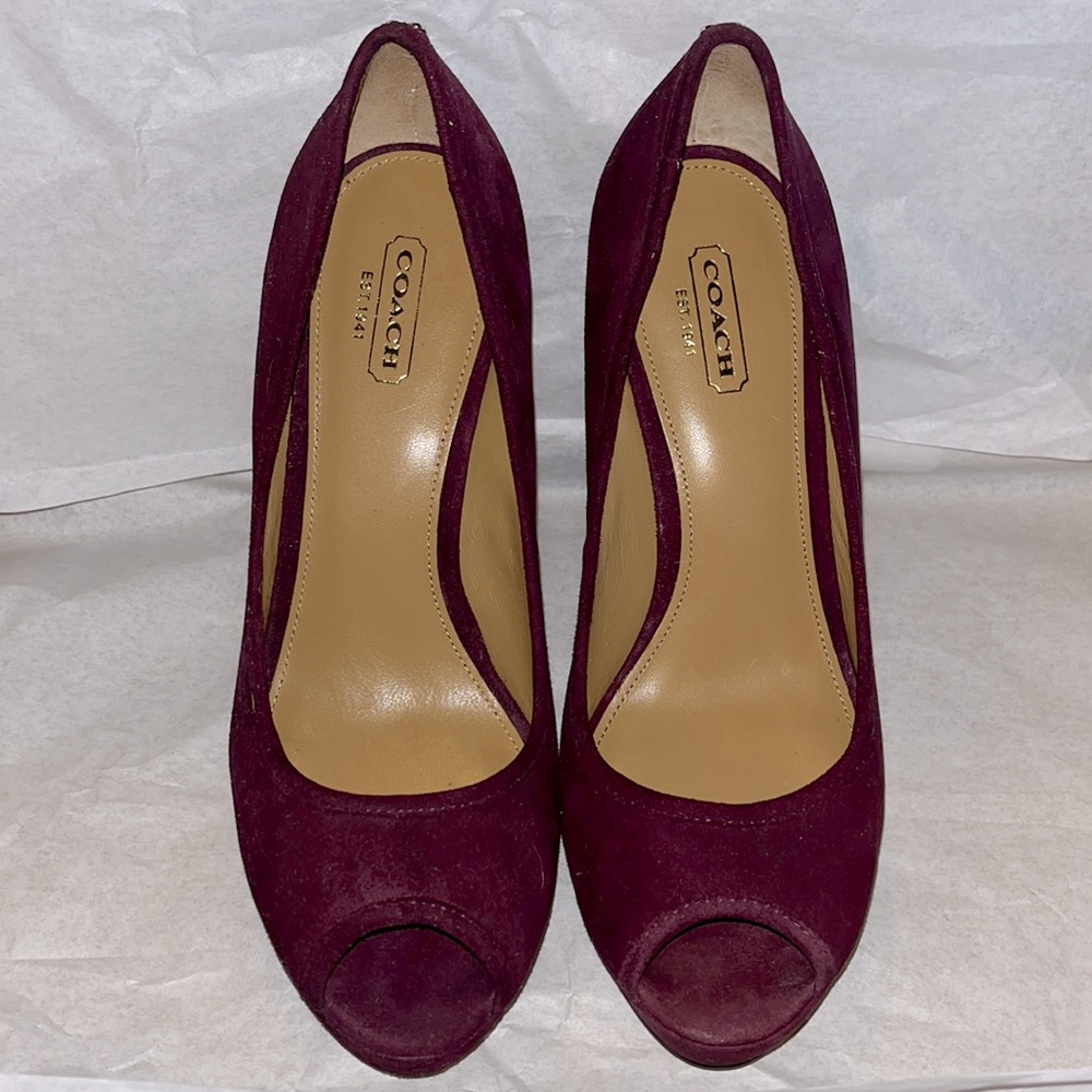 Coach Women’s Breana burgundy Suede Platform Peep Toe Pumps